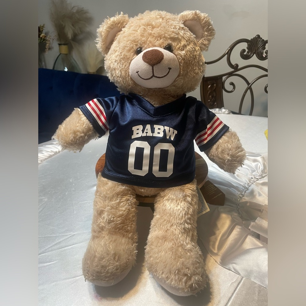 BABW Build A Bear Teddy Bear Plush with Football Navy Jersey 00  Tan Ivory